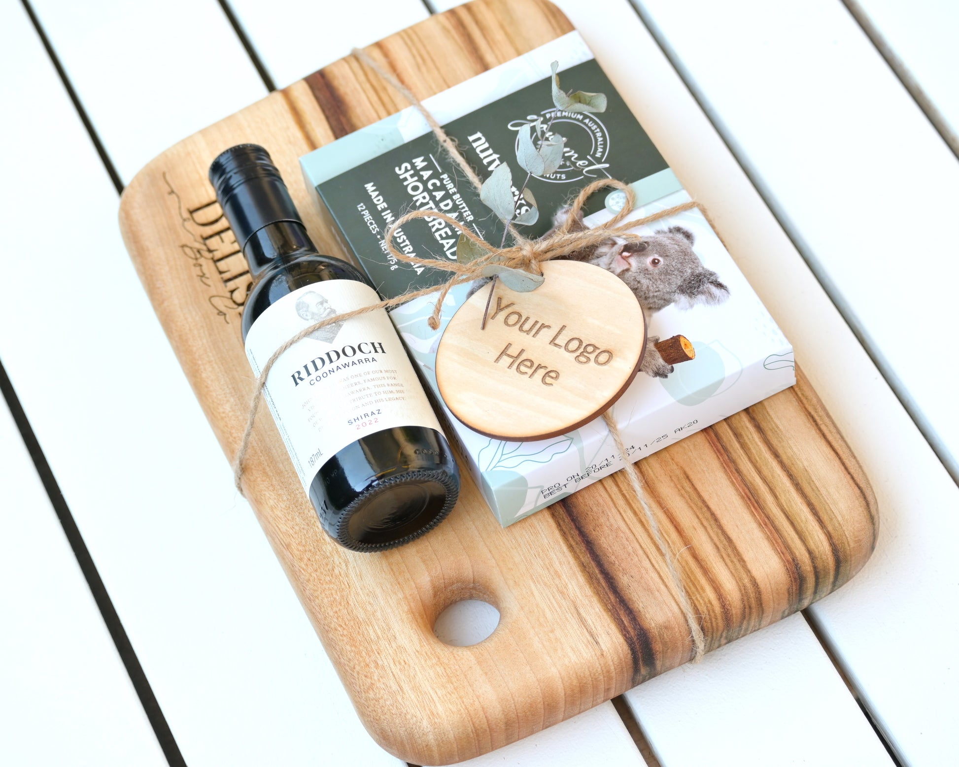 Gift Cutting Board with Macadamia Shortbread and Wine | Personalised Engraving