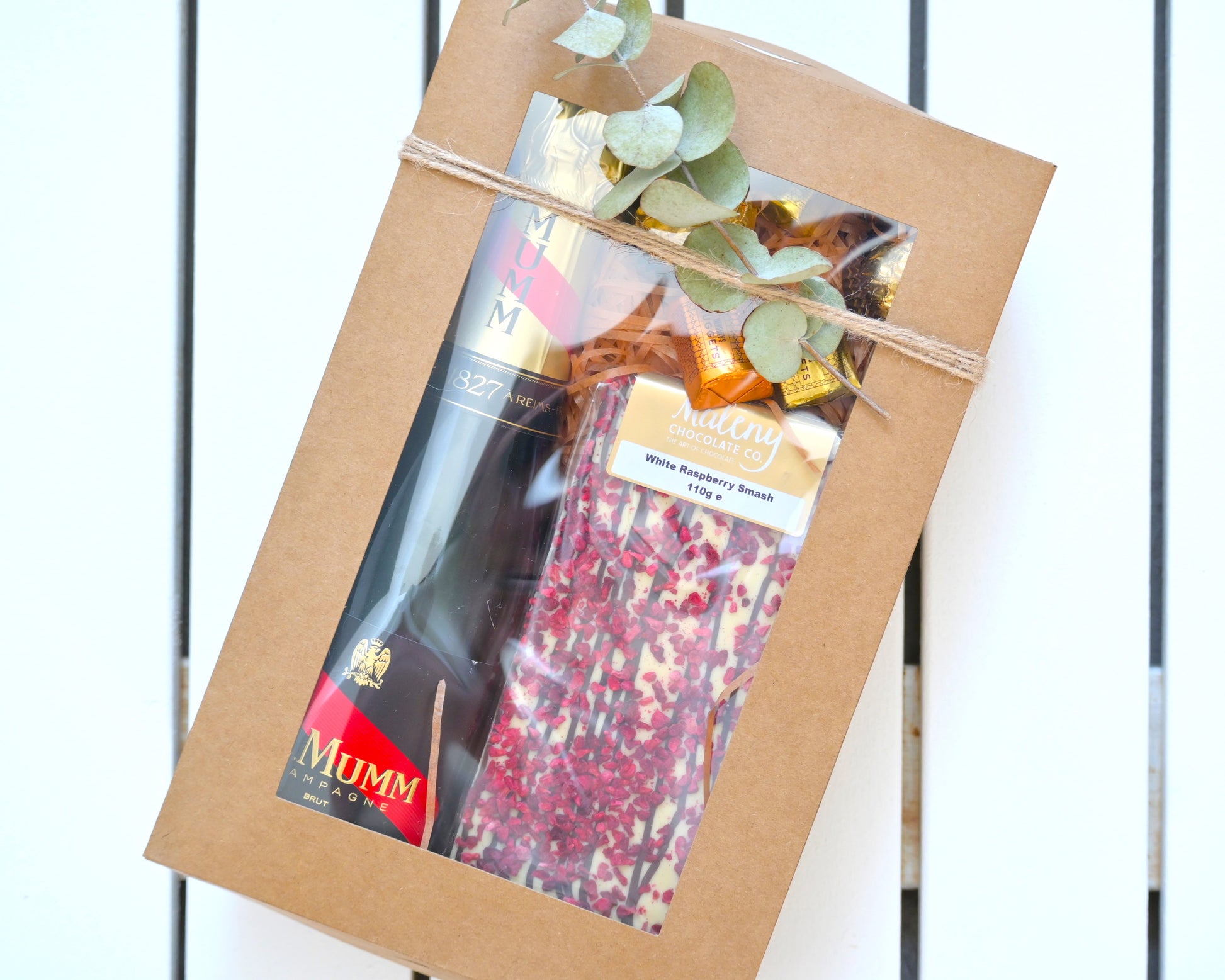 Packaged Gift Box and Champagne Hamper with Maleny Chocolate Co